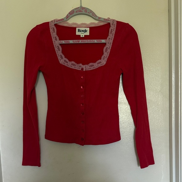 Rouje Tops - Rouje Red Cardigan with Pink Lace Trim